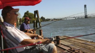 Retirees fish from a public dock on the Sacramento River in the Sacramento San Joaquin River Delta in Rio Vista, California