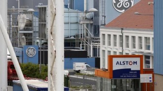 The logos of French power and transport engineering company Alstom and US conglomerate General Electric are pictured on their site in Belfort