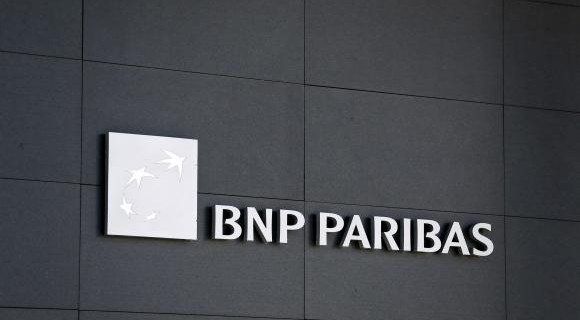 BNP Paribas is pictured on the building of the bank in Geneva