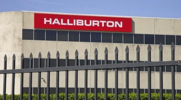 The company logo of Halliburton oilfield services corporate offices is seen in Houston