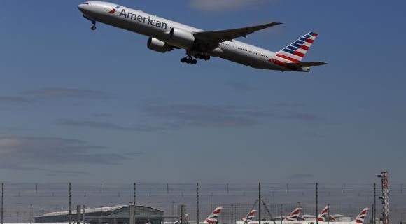 American Airlines airplane takes off from Heathrow airport in London