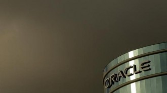 Company logo shown at headquarters for Oracle Corp shown in Redwood City