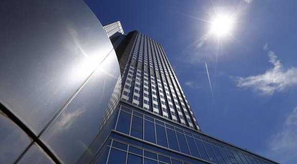 ECB headquarters are pictured prior to the bank's monthly news conference in Frankfurt