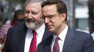 Attorneys Jonathan Blackman and Carmine Boccuzzi, lead lawyers representing Argentina in its ongoing debt talks, arrive at federal court for a hearing in New York