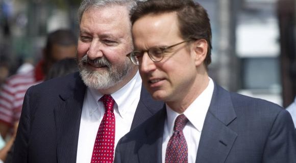 Attorneys Jonathan Blackman and Carmine Boccuzzi, lead lawyers representing Argentina in its ongoing debt talks, arrive at federal court for a hearing in New York