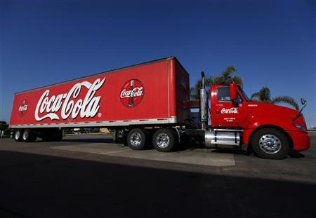 Coca-Cola truck fills up with diesel fuel at a gas station in Carlsbad California