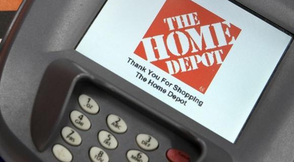 A closeup of an electronic payment station at a Home Depot store in Daly City