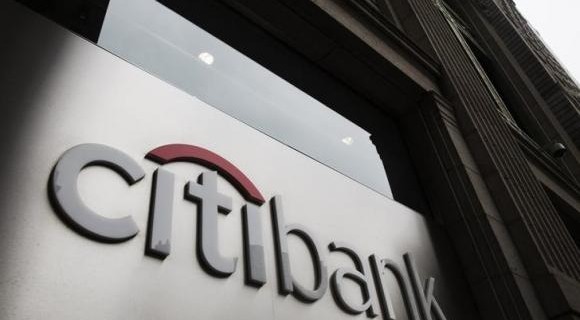Citibank logo is seen at the facade of a Citibank building in New York