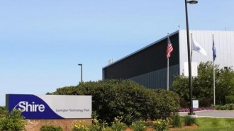 A sign sits in front of Shire's manufacturing facility in Lexington, Massachusetts