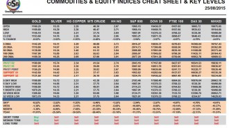 Commodities & Equity Indices Cheat Sheet & Key Levels 25-08-2015