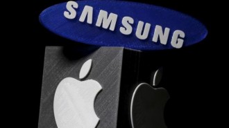 3D-printed Samsung and Apple logos are seen in this picture illustration made in Zenica