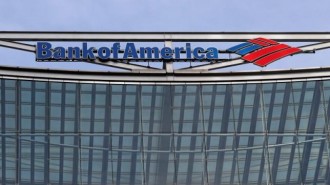 The Bank of America logo is seen at their offices at Canary Wharf financial district in London