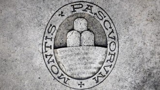 A logo of Monte dei Paschi di Siena bank is seen on the ground in Siena