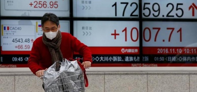 Man cycles in front of electronic boards showing Japan's Nikkei average and the Dow Jones average outside a brokerage in Tokyo