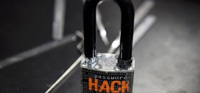 A padlock is displayed at the Alert Logic booth during the 2016 Black Hat cyber-security conference in Las Vegas