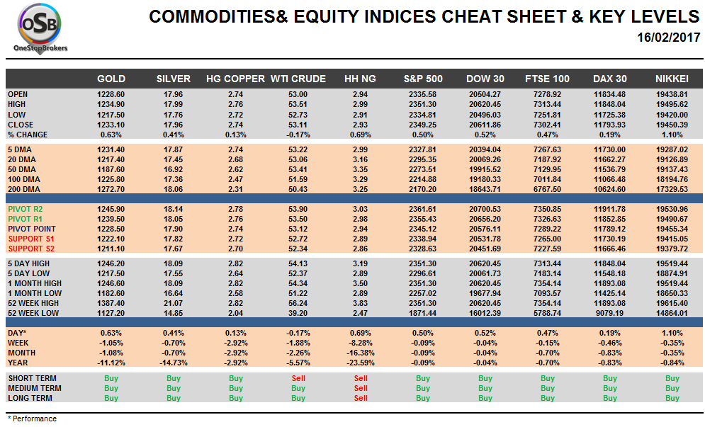 Commodities and Indices Cheat Sheet Feb 16