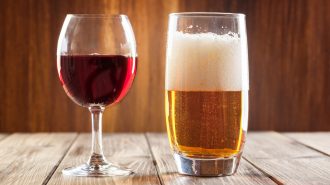 Red wine glass and glass of light beer